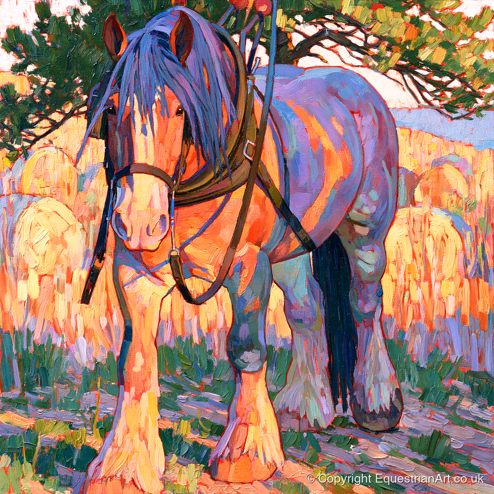 Colourful Heavy Horse In Harness - horse breed art print and canvas by Celia Harding A.I