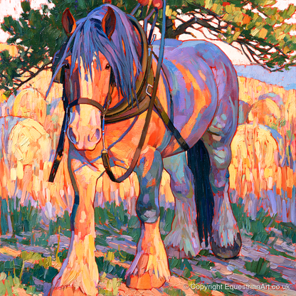 Colourful Heavy Horse In Harness - horse breed art print and canvas by Celia Harding A.I