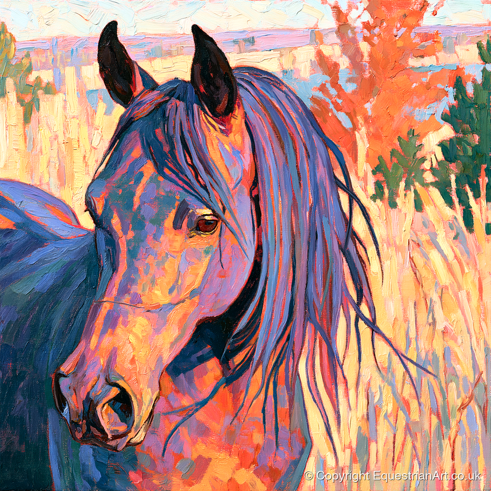 Colourful Horse in Autumn Grass - horse breed art print and canvas by Celia Harding A.I