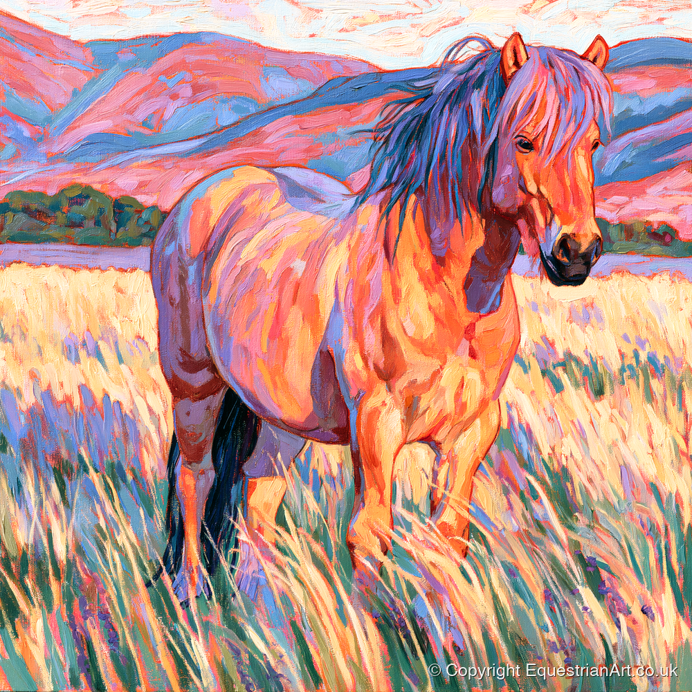 Colourful Horse in Golden Grass - horse breed art print and canvas by Celia Harding A.I