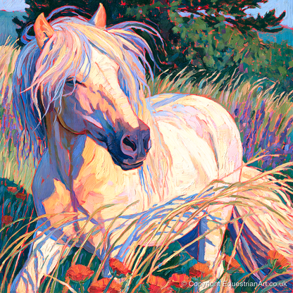 Colourful Horse In Poppy Meadow - horse breed art print and canvas by Celia Harding A.I