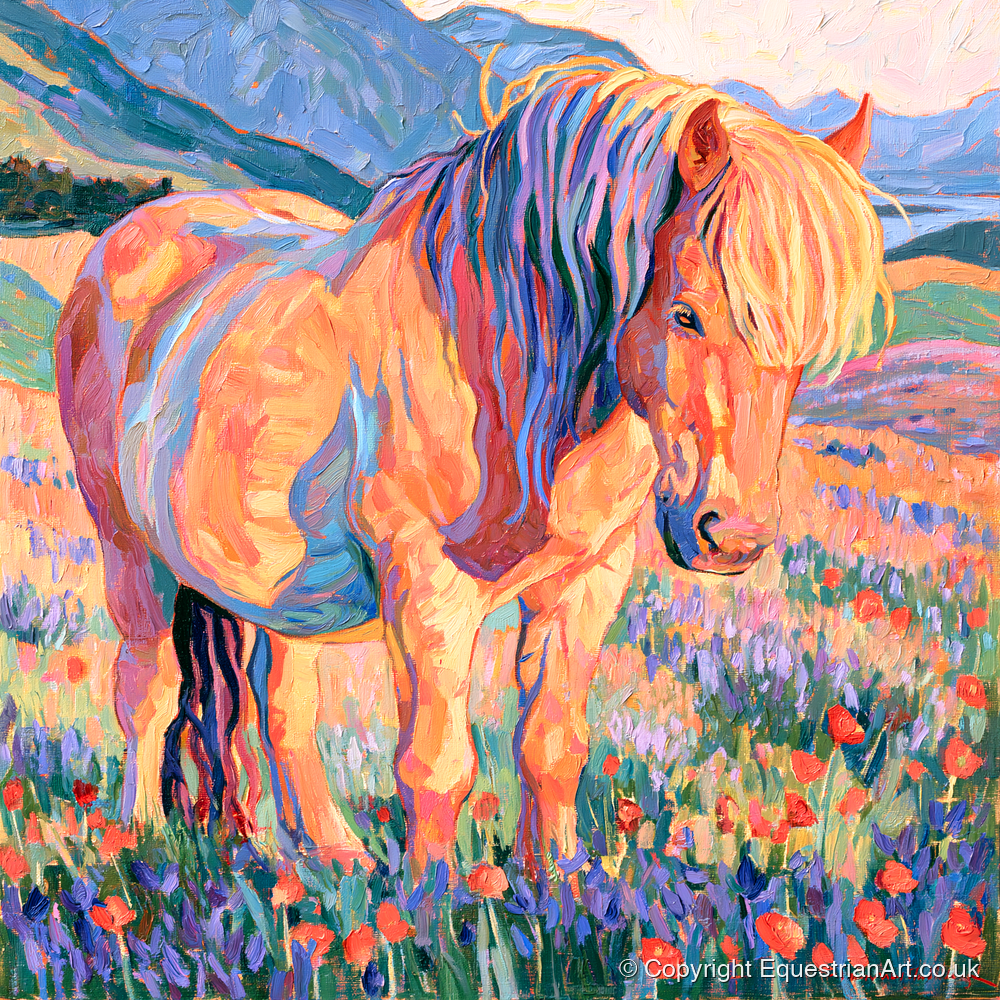 Colourful Horse in Wildflower Meadow - horse breed art print and canvas by Celia Harding A.I