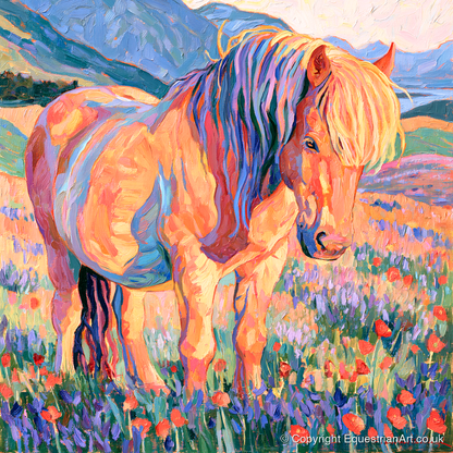 Colourful Horse in Wildflower Meadow - horse breed art print and canvas by Celia Harding A.I