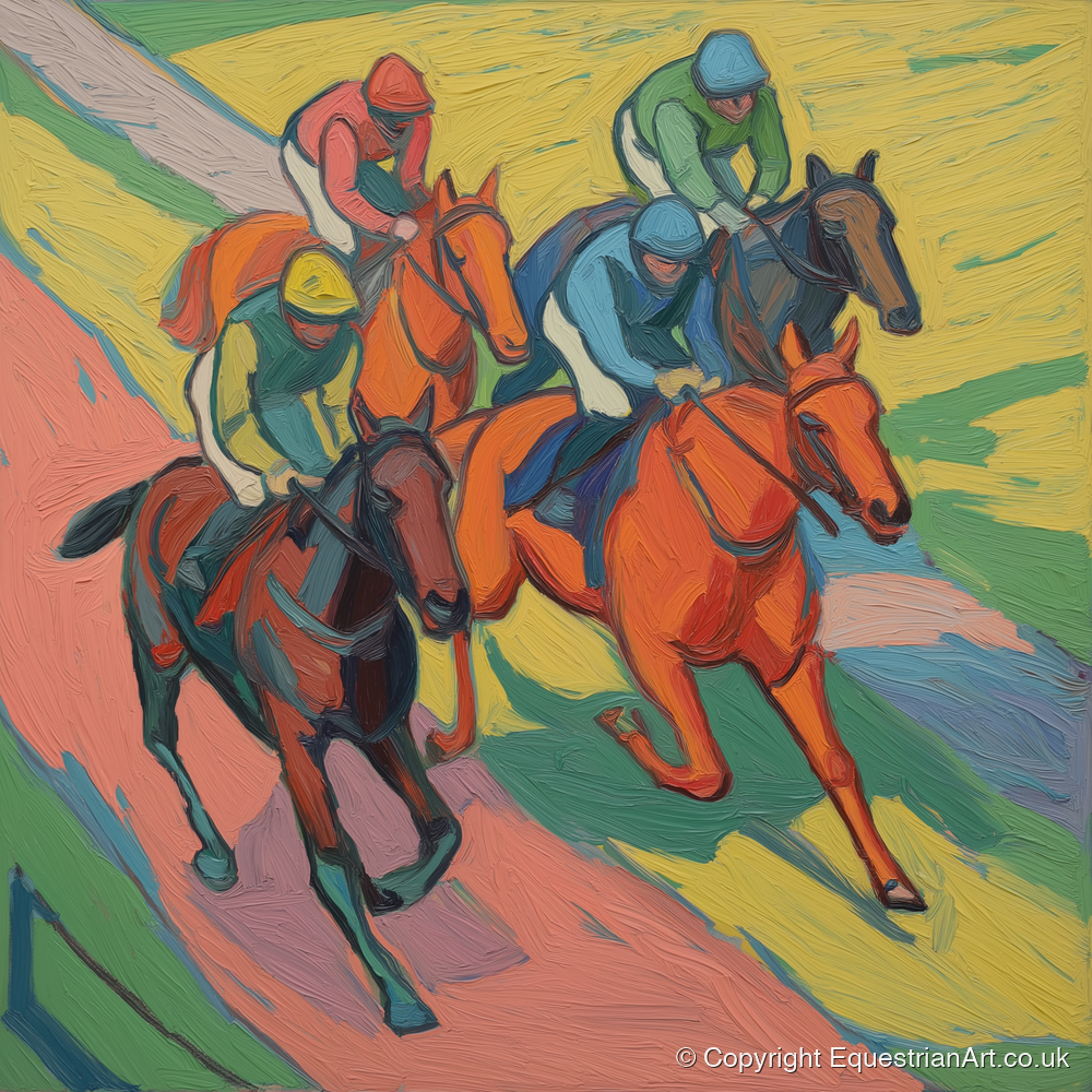 Colours of the Turf - racing horse art print and canvas by Mirabel Carlyle A.I
