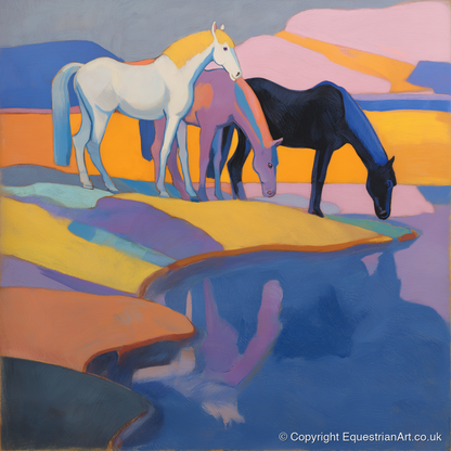 Colours of the Waterhole - wild horses art print and canvas by Helena Ashby A.I