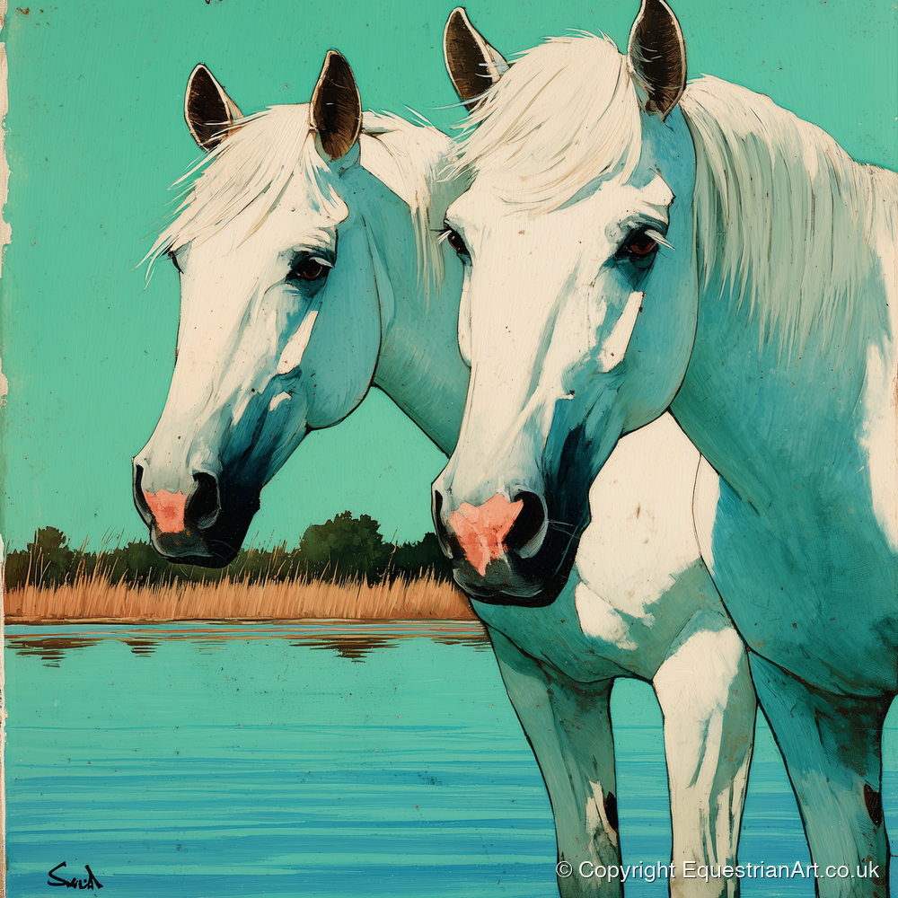 Companions in Teal Waters - horse landscape art print and canvas by Declan Foley A.I