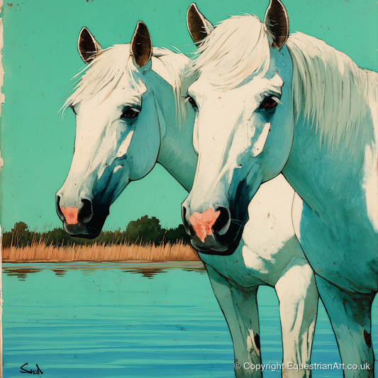 Companions in Teal Waters - horse landscape art print and canvas by Declan Foley A.I