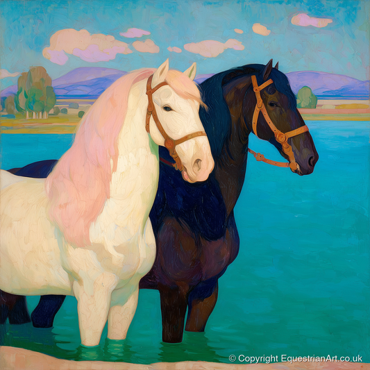 Cooling in the Shallows - horse landscape art print and canvas by Aldous Trent A.I