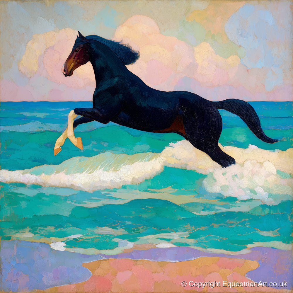 Cresting the Tide - beach horse art print and canvas by Aldous Trent A.I