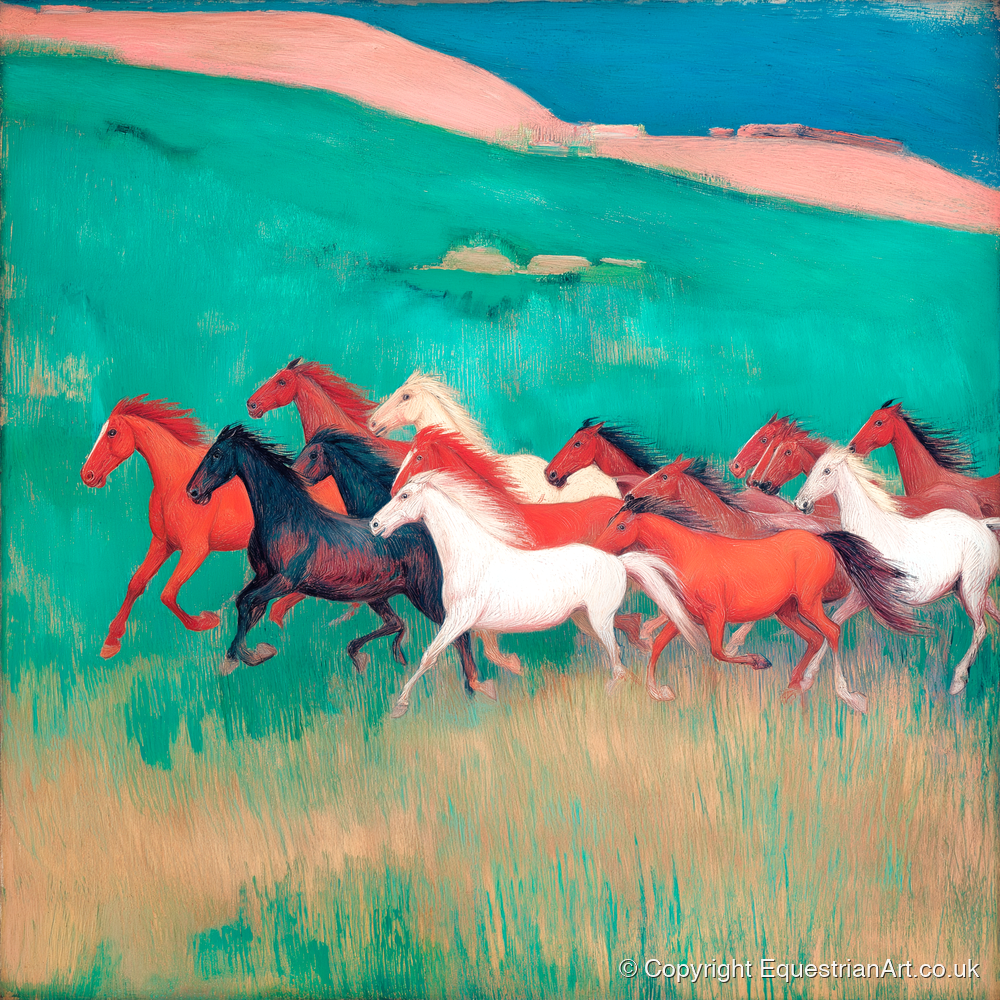 Crimson and Emerald Herd - wild horses art print and canvas by Lawrence Gable A.I