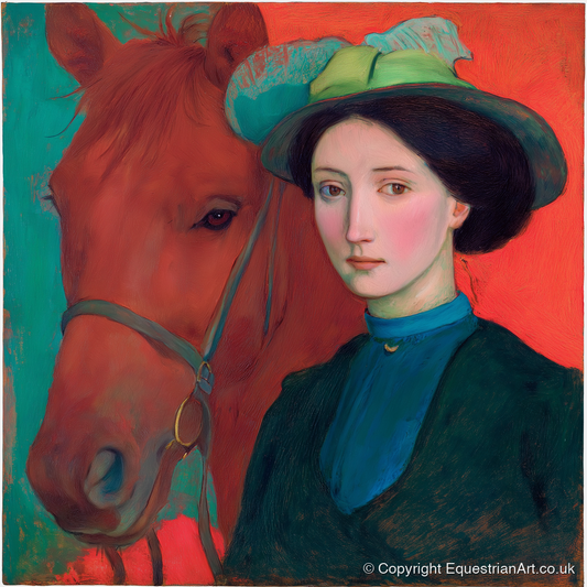 Crimson and Teal Bond - horse & rider art print and canvas by Lawrence Gable A.I