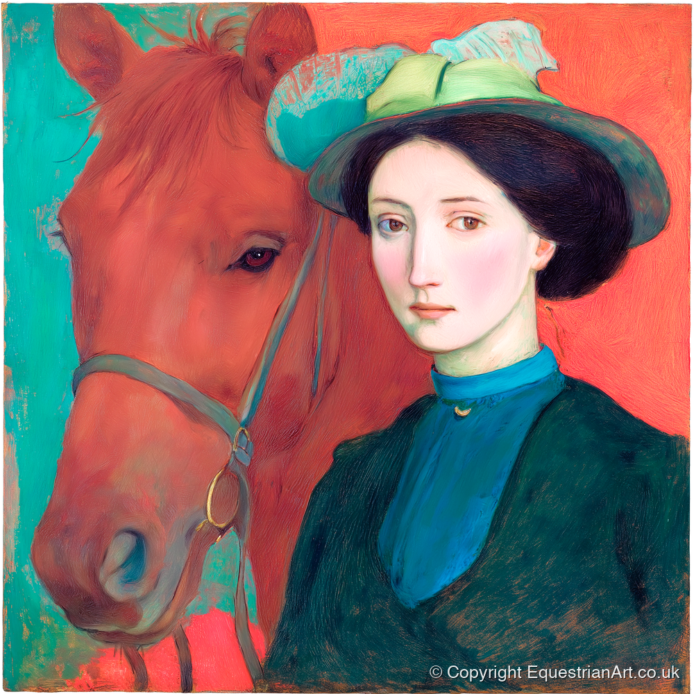 Crimson and Teal Bond - horse & rider art print and canvas by Lawrence Gable A.I