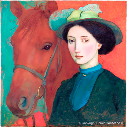 Crimson and Teal Bond - horse & rider art print and canvas by Lawrence Gable A.I
