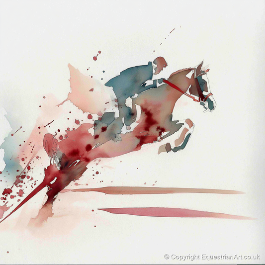 Crimson Ascent - show jumping horse art print and canvas by Theodore Grant A.I