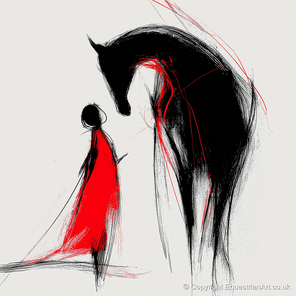 Crimson Bond - horse & rider art print and canvas by Sebastian Vale A.I