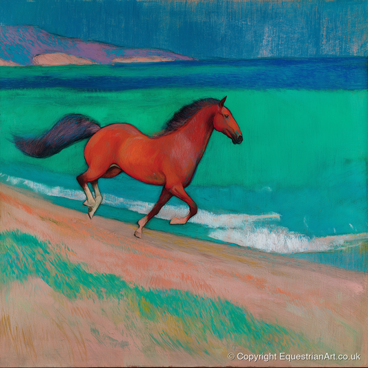 Crimson Coastal Canter - horse landscape art print and canvas by Lawrence Gable A.I