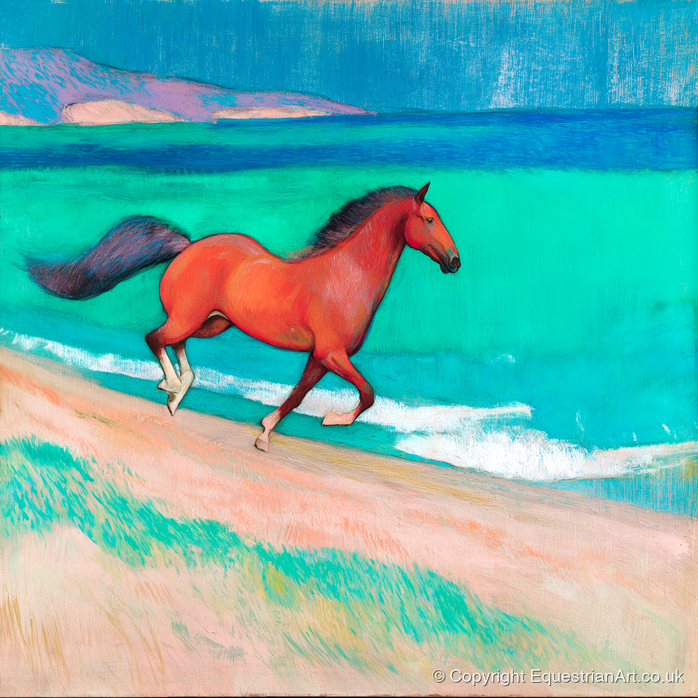Crimson Coastal Canter - horse landscape art print and canvas by Lawrence Gable A.I