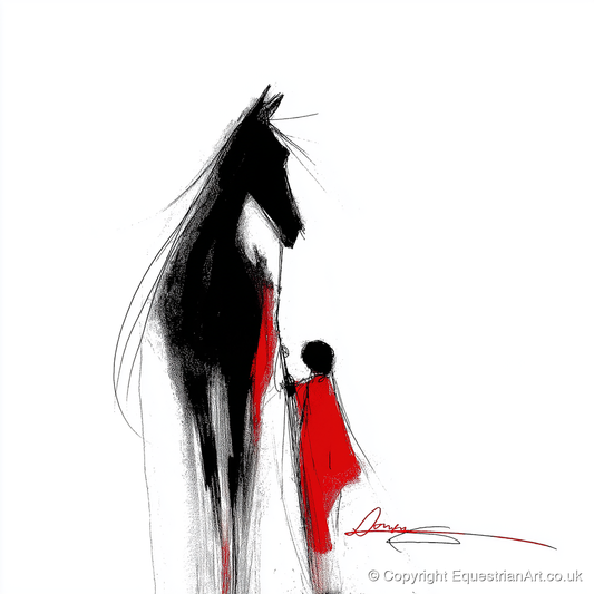 Crimson Connection - horse & rider art print and canvas by Sebastian Vale A.I