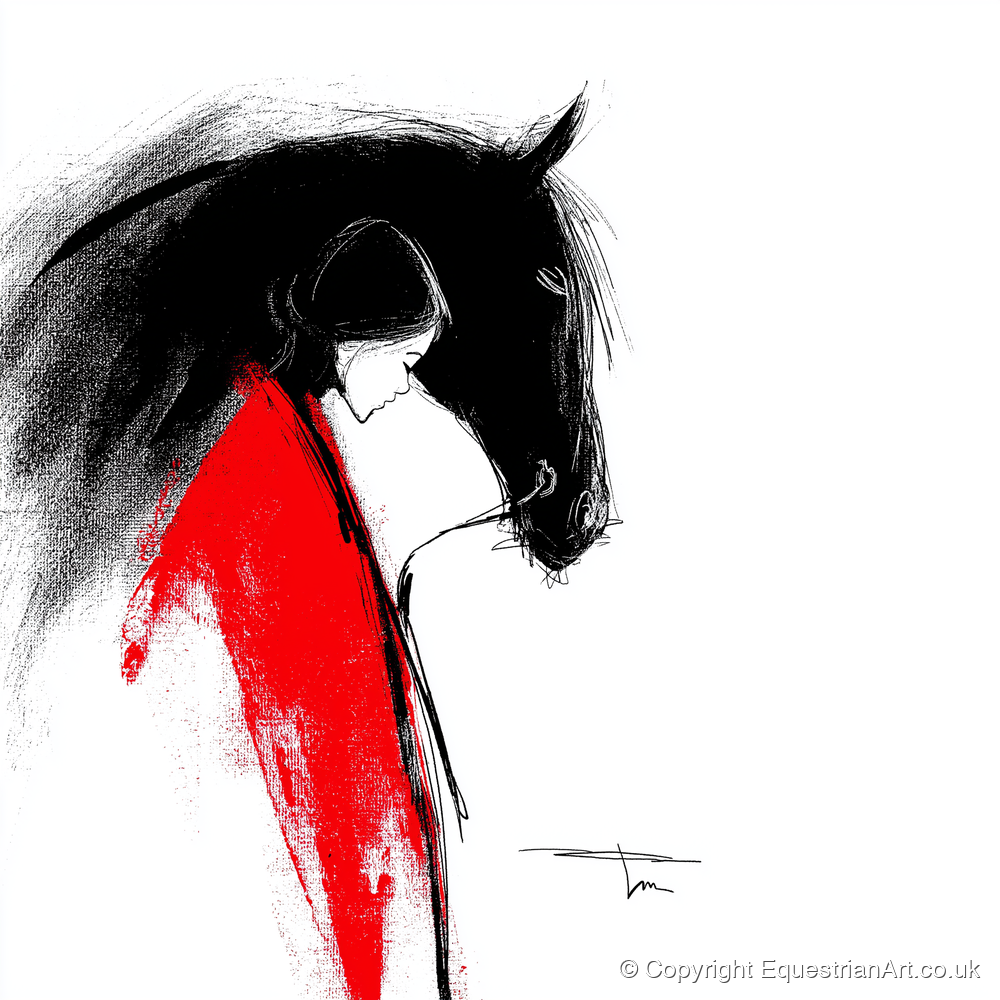 Crimson Connection - horse & rider art print and canvas by Sebastian Vale A.I