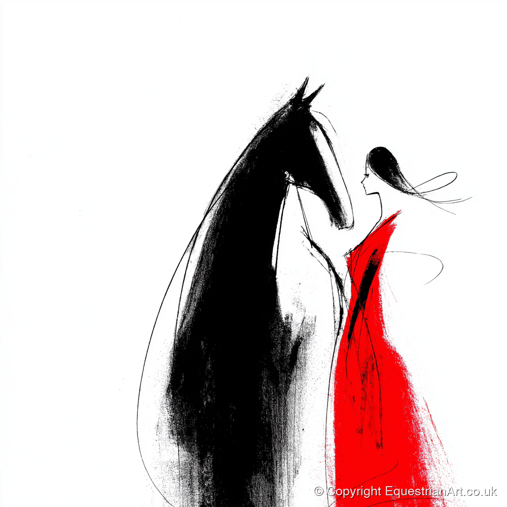 Crimson Connection - horse & rider art print and canvas by Sebastian Vale A.I