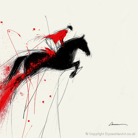 Crimson Flight - show jumping horse art print and canvas by Sebastian Vale A.I