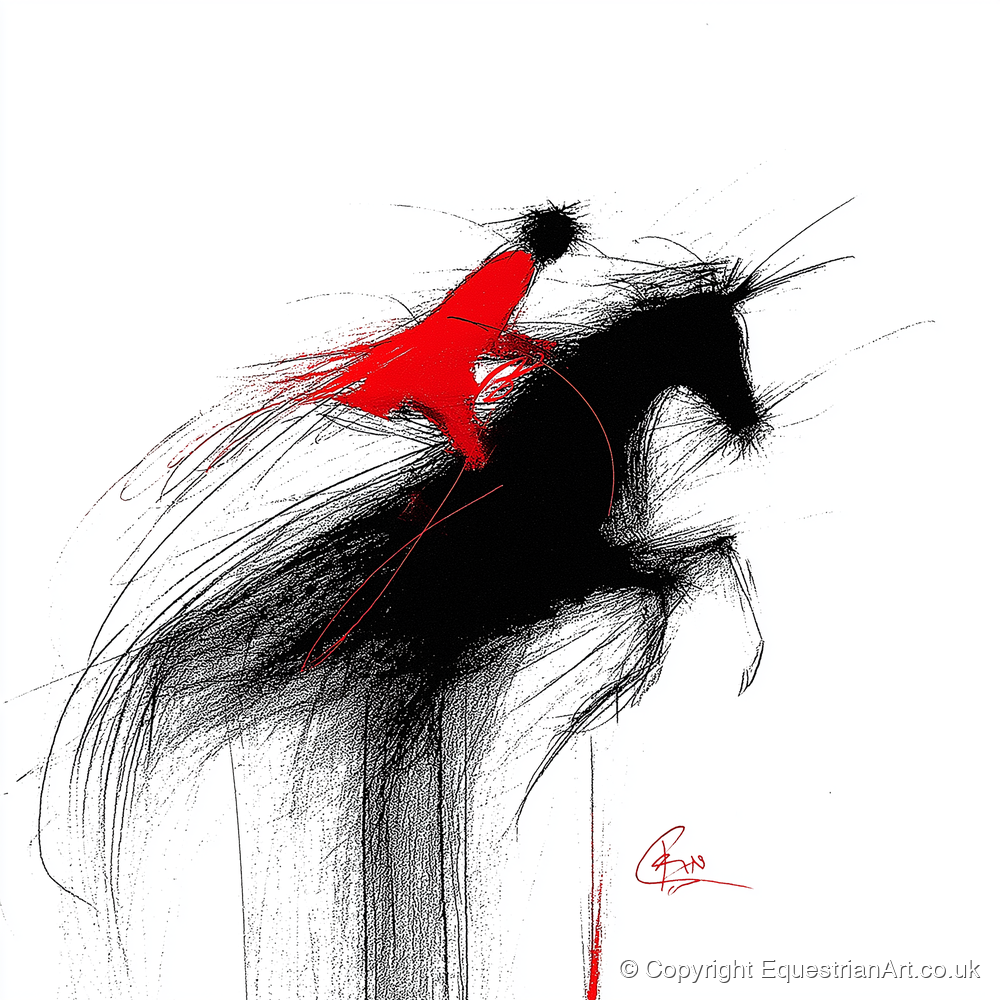Crimson Flight - show jumping horse art print and canvas by Sebastian Vale A.I
