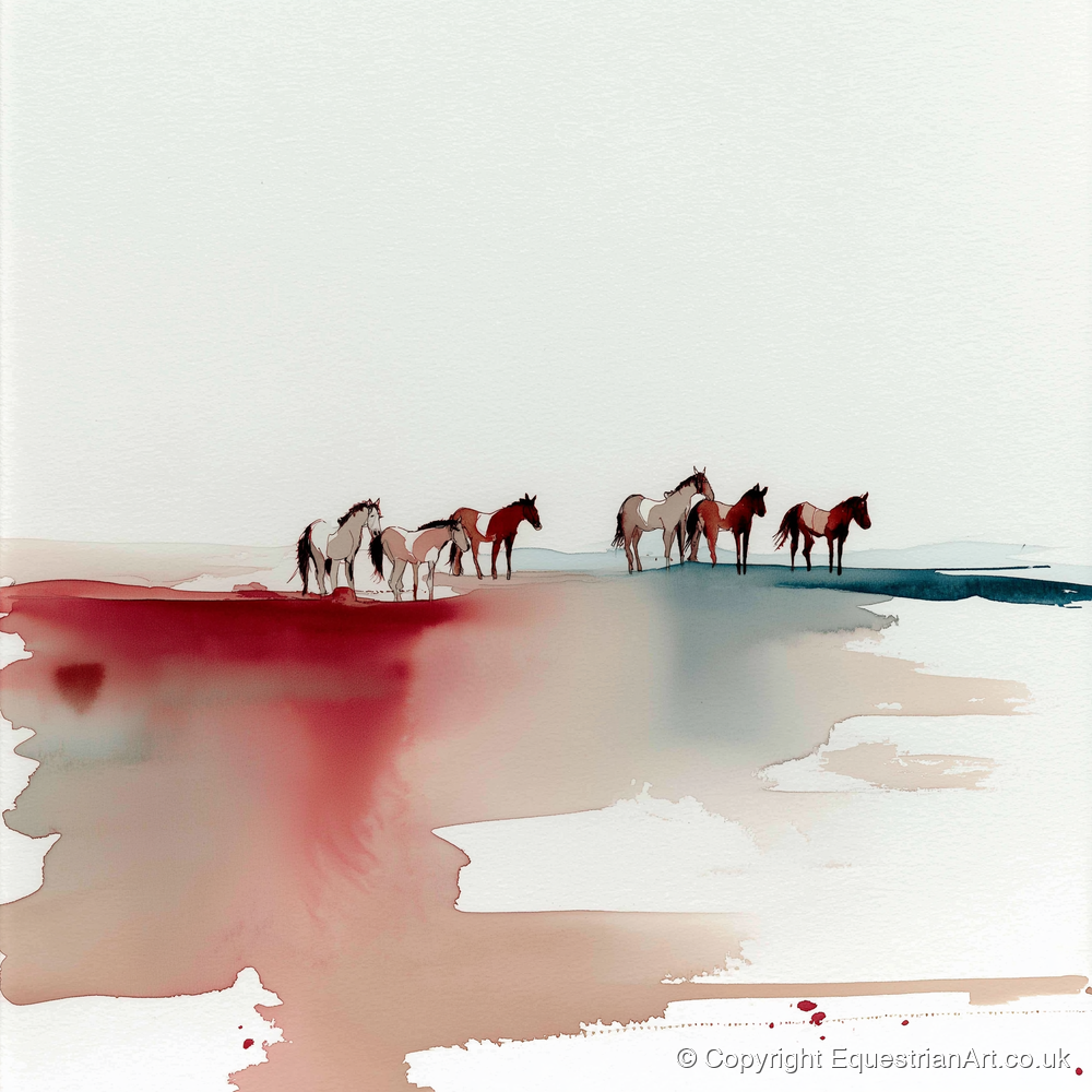 Crimson Horizon Herd - horse landscape art print and canvas by Theodore Grant A.I