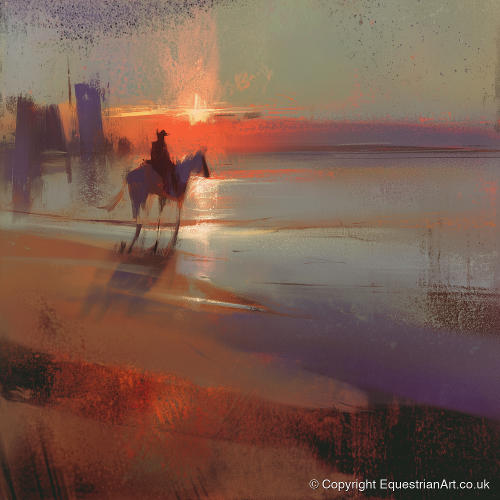 Crimson Horizon Ride - horse landscape art print and canvas by Rupert Kingsley A.I
