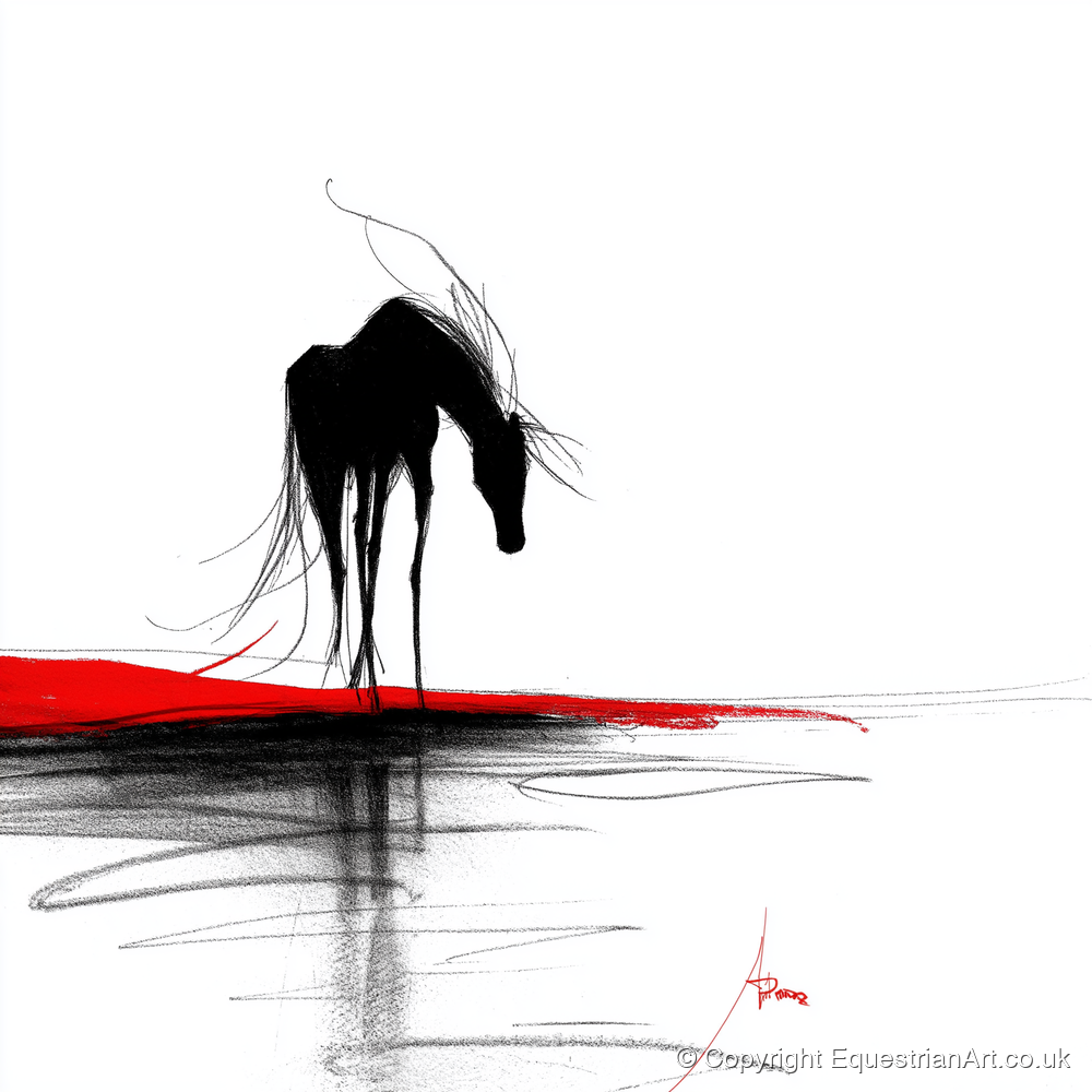 Crimson Horizon Silhouette - horse portrait art print and canvas by Sebastian Vale A.I