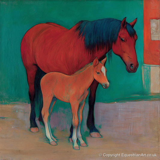 Crimson Mare and Foal - mare & foal art print and canvas by Lawrence Gable A.I