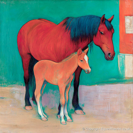 Crimson Mare and Foal - mare & foal art print and canvas by Lawrence Gable A.I