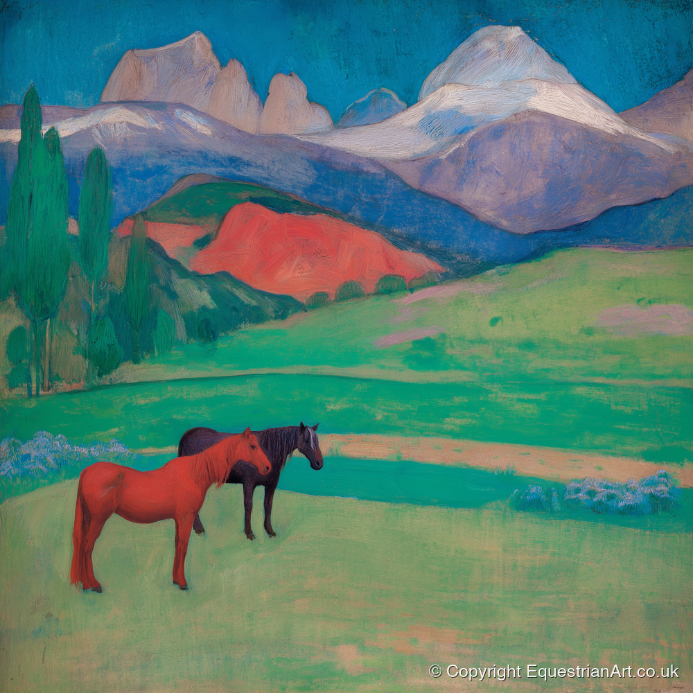 Crimson Mountain Companions - horse landscape art print and canvas by Lawrence Gable A.I