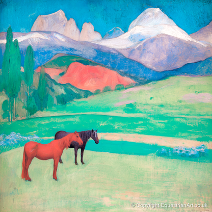 Crimson Mountain Companions - horse landscape art print and canvas by Lawrence Gable A.I