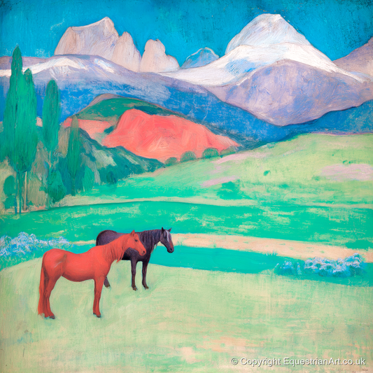 Crimson Mountain Companions - horse landscape art print and canvas by Lawrence Gable A.I