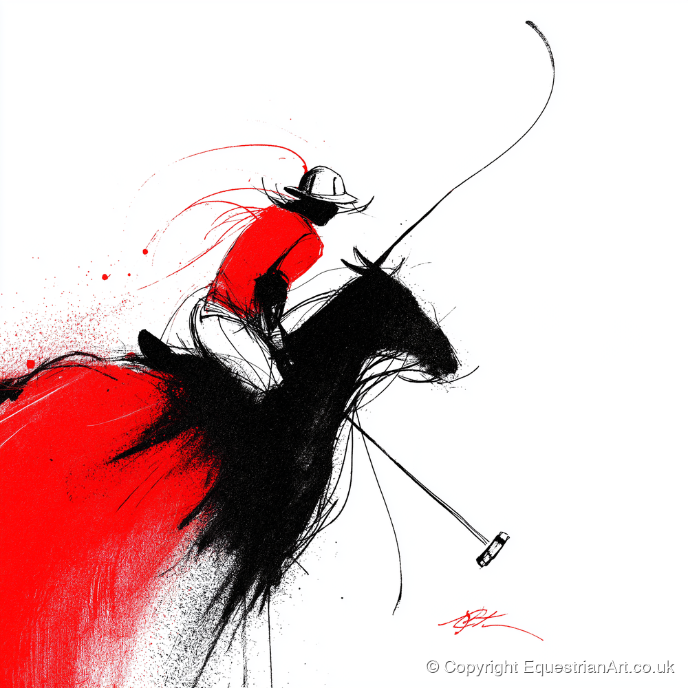 Crimson Polo Strike - polo horse art print and canvas by Sebastian Vale A.I