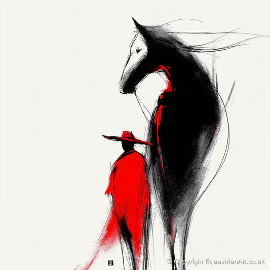 Crimson Rider Silhouette - western horse art print and canvas by Sebastian Vale A.I