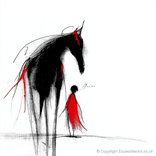 Crimson Silhouette - horse & rider art print and canvas by Sebastian Vale A.I