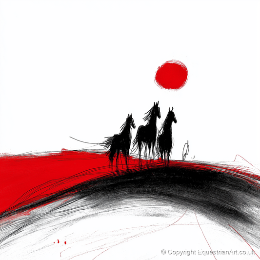 Crimson Sun Silhouettes - horse landscape art print and canvas by Sebastian Vale A.I