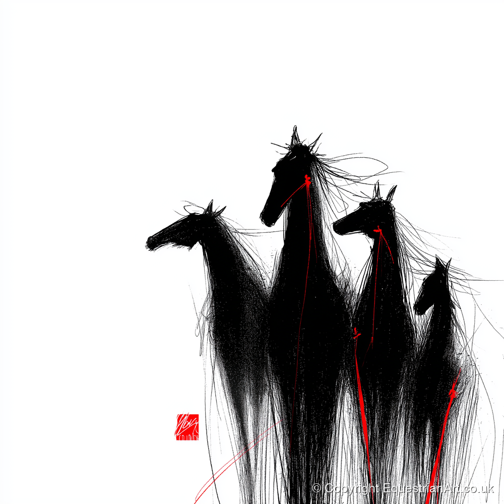 Crimson Thread Herd - wild horses art print and canvas by Sebastian Vale A.I