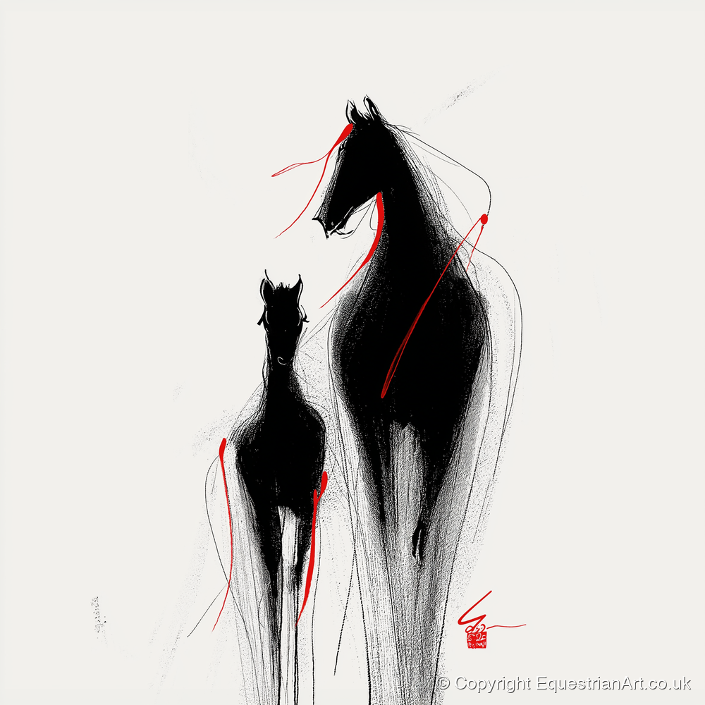 Crimson Threads - mare & foal art print and canvas by Sebastian Vale A.I