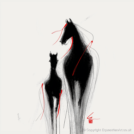 Crimson Threads - mare & foal art print and canvas by Sebastian Vale A.I