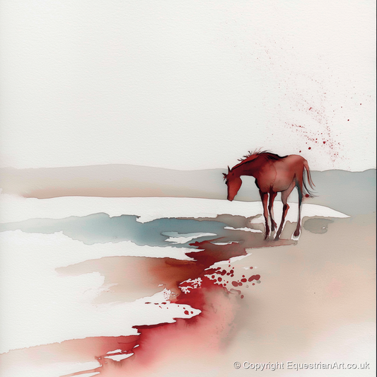 Crimson Waterside Solitude - horse landscape art print and canvas by Theodore Grant A.I
