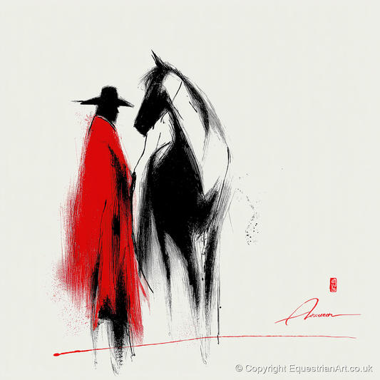 Crimson Western Silhouette - western horse art print and canvas by Sebastian Vale A.I