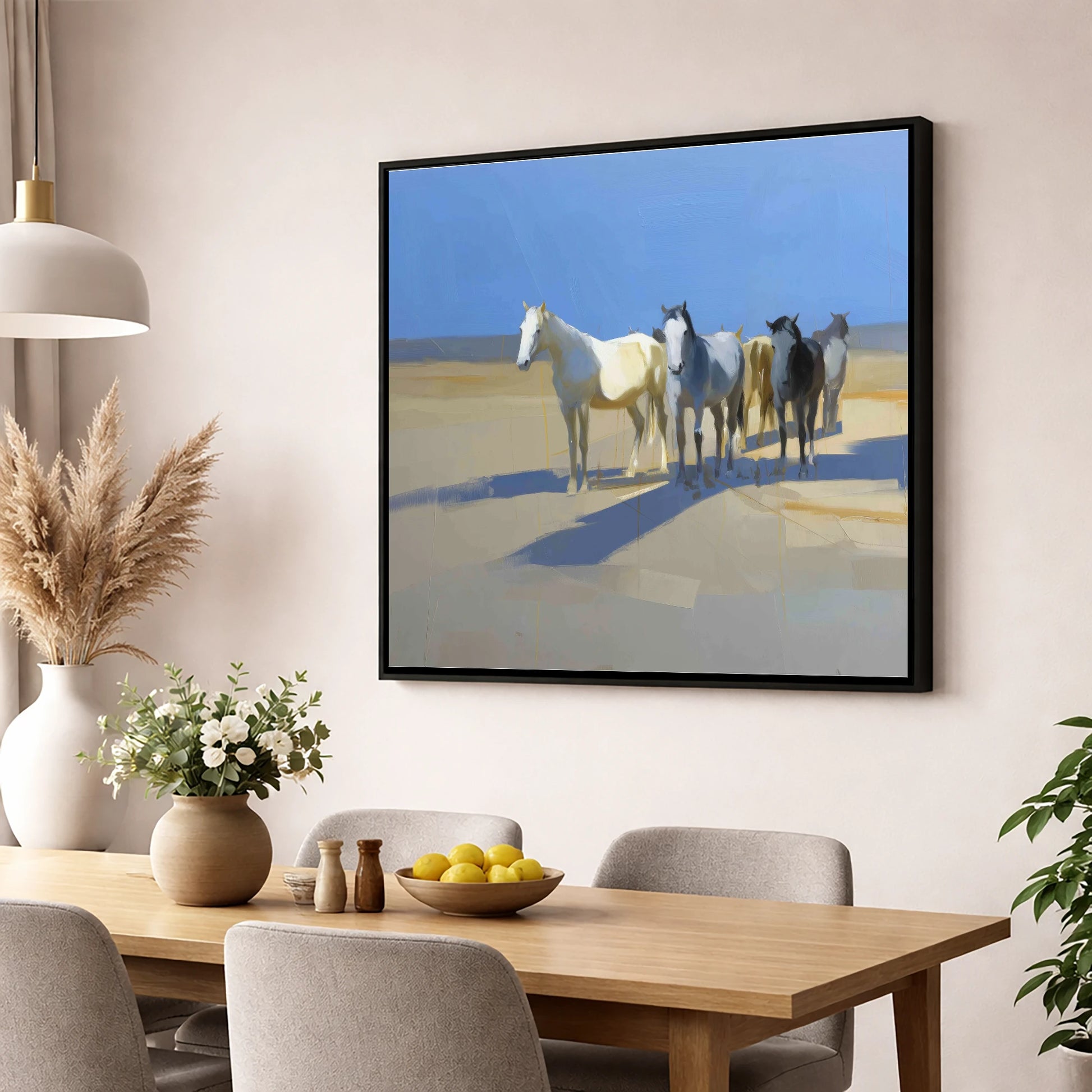 Sunlit High Plains wild horses wall art displayed in a dining room