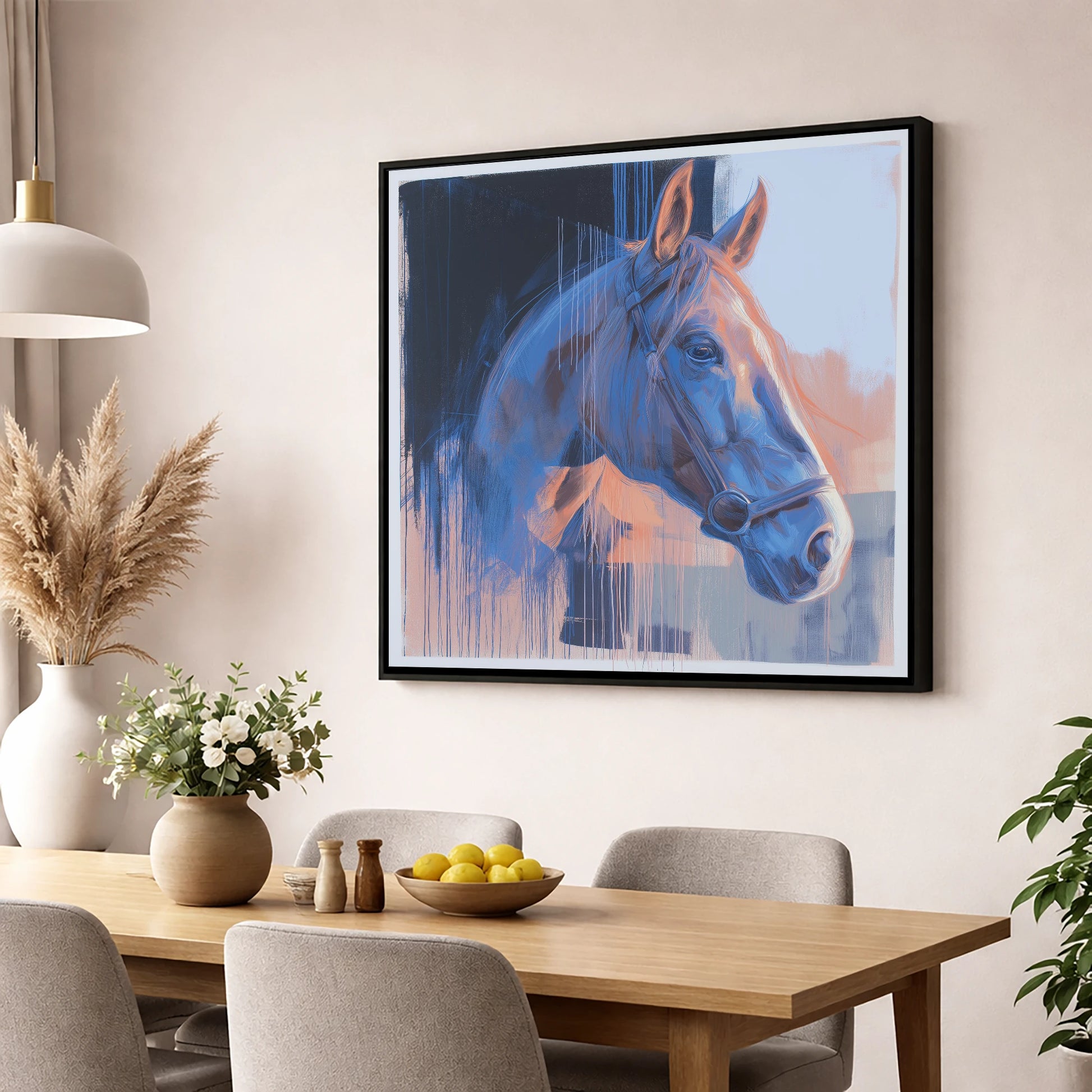 Cobalt and Apricot Light horse portrait wall art displayed in a dining room