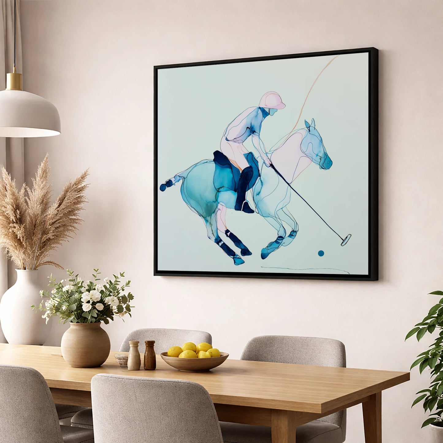 Cerulean Chukka polo horse wall art displayed in a dining room