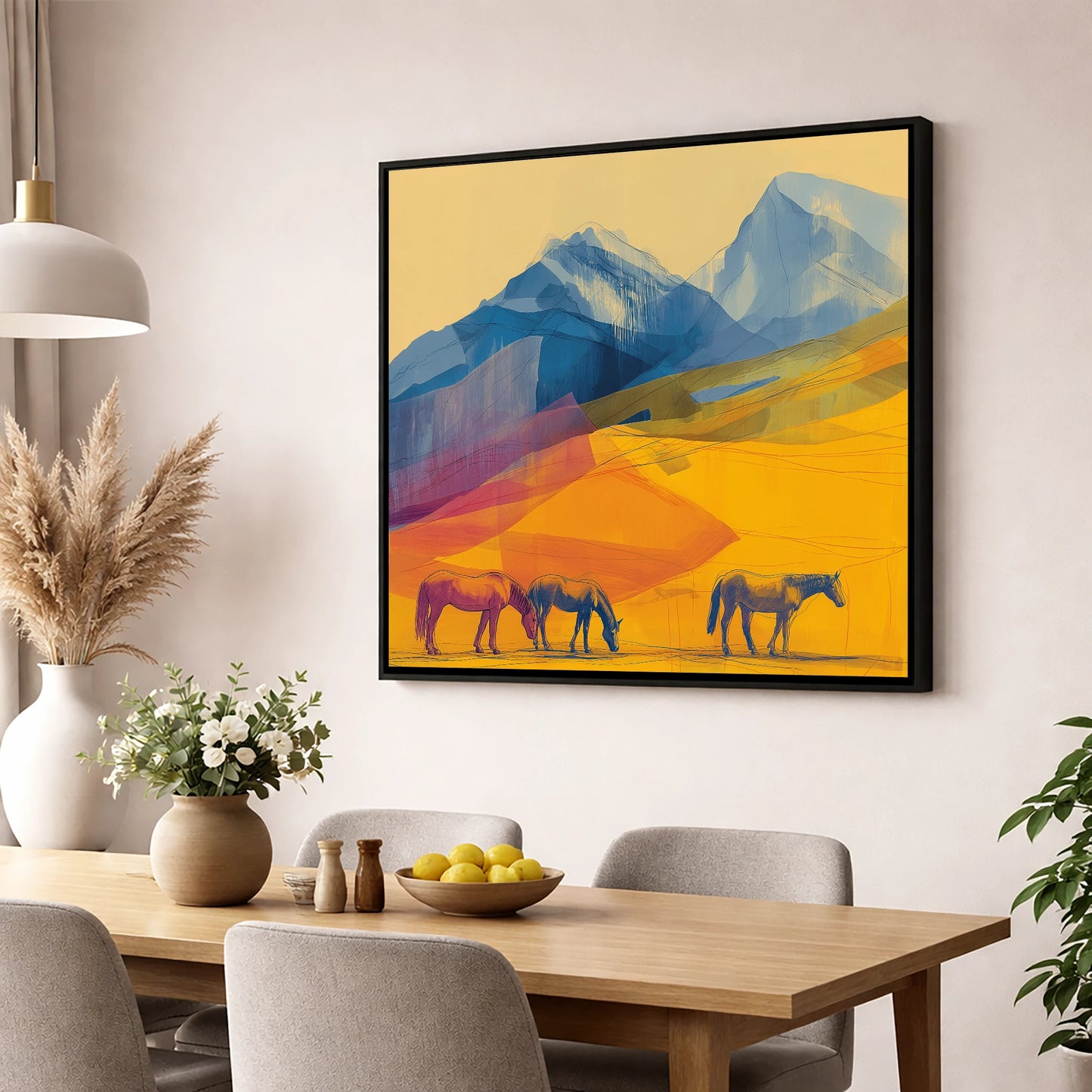 Golden Mountain Pasture horse landscape wall art displayed in a dining room