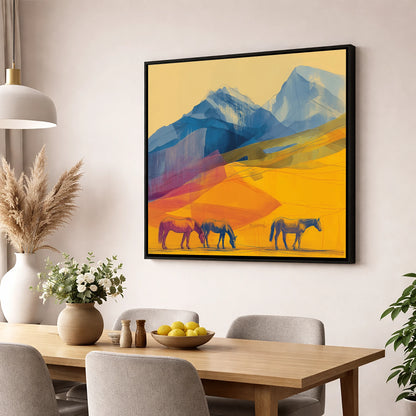 Golden Mountain Pasture horse landscape wall art displayed in a dining room