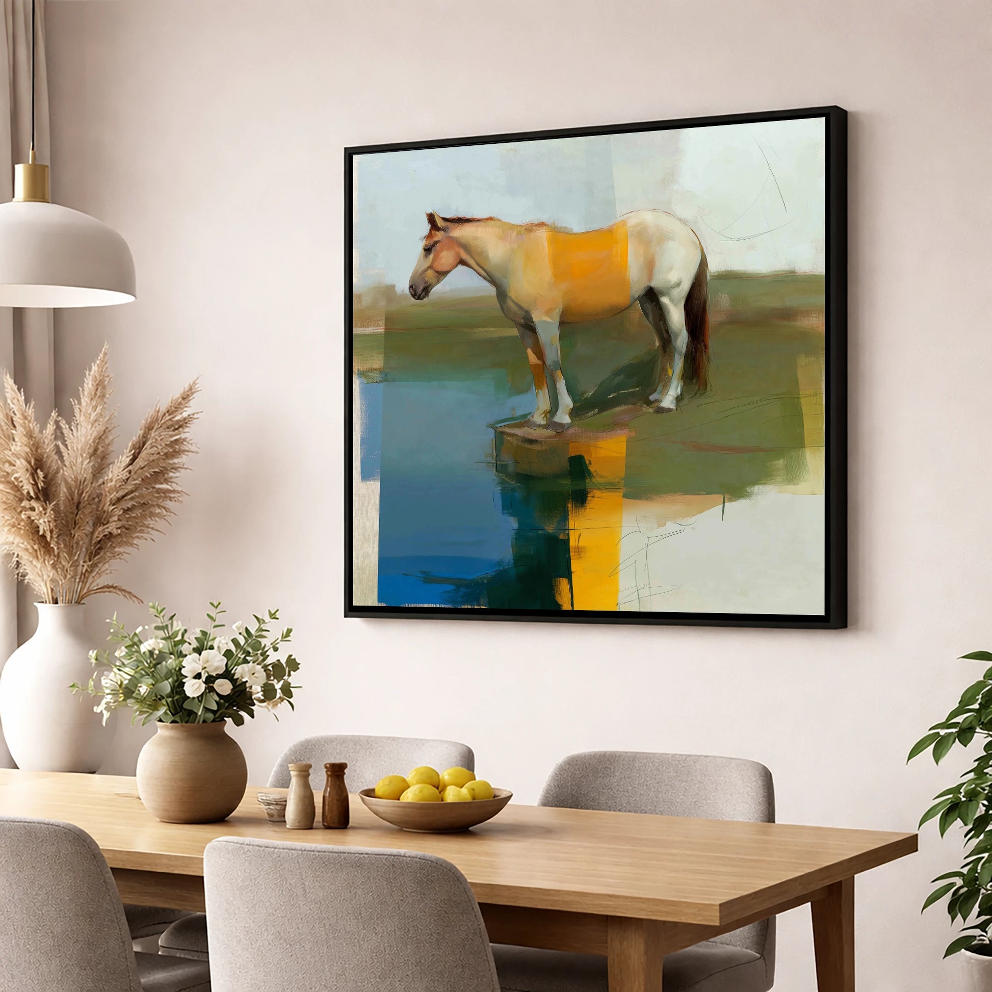 Geometric Waterside Reflection horse landscape wall art displayed in a dining room
