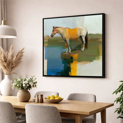 Geometric Waterside Reflection horse landscape wall art displayed in a dining room